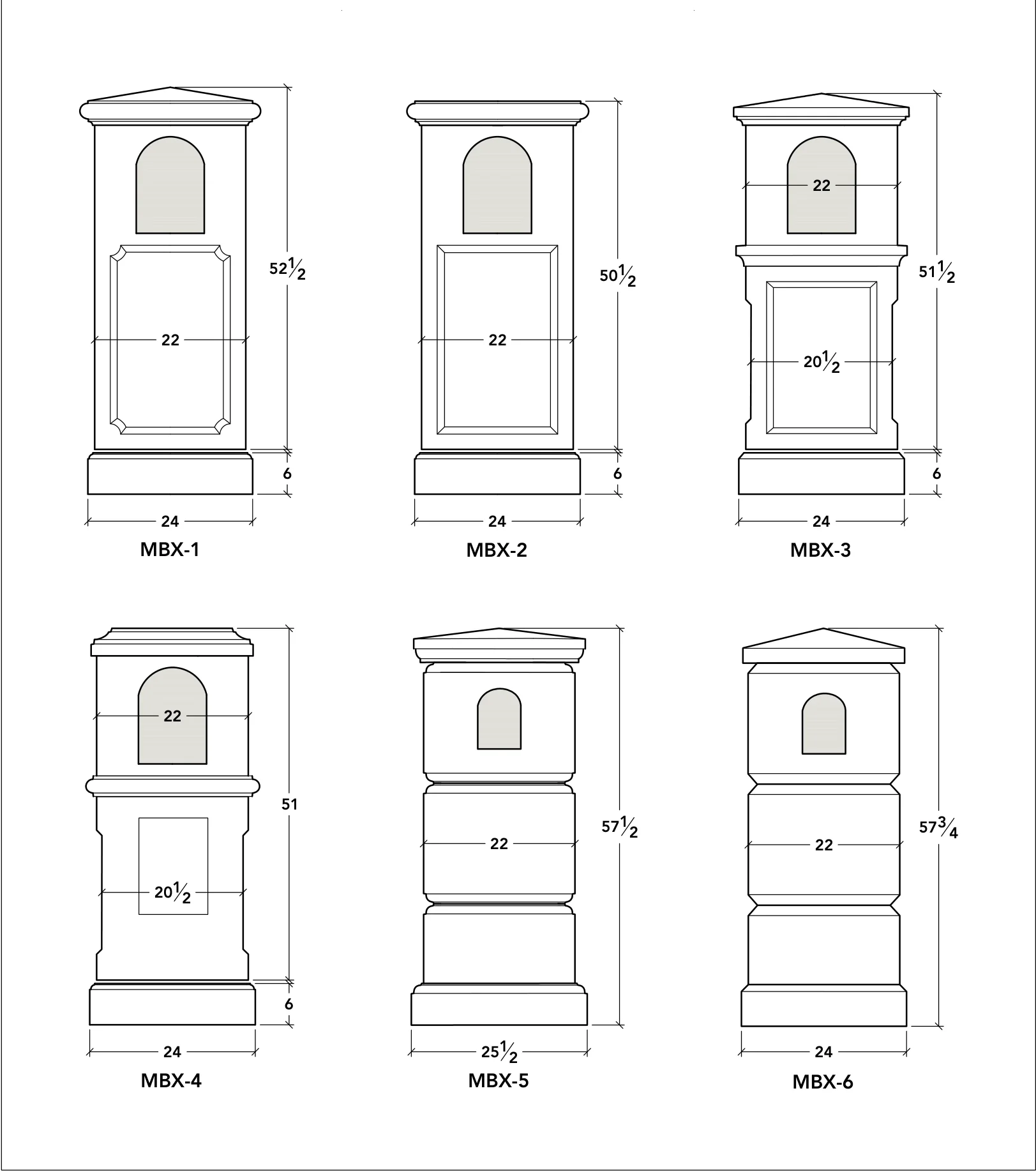 Catalogue reference: MBX-1 through MBX-6 mailbox post designs