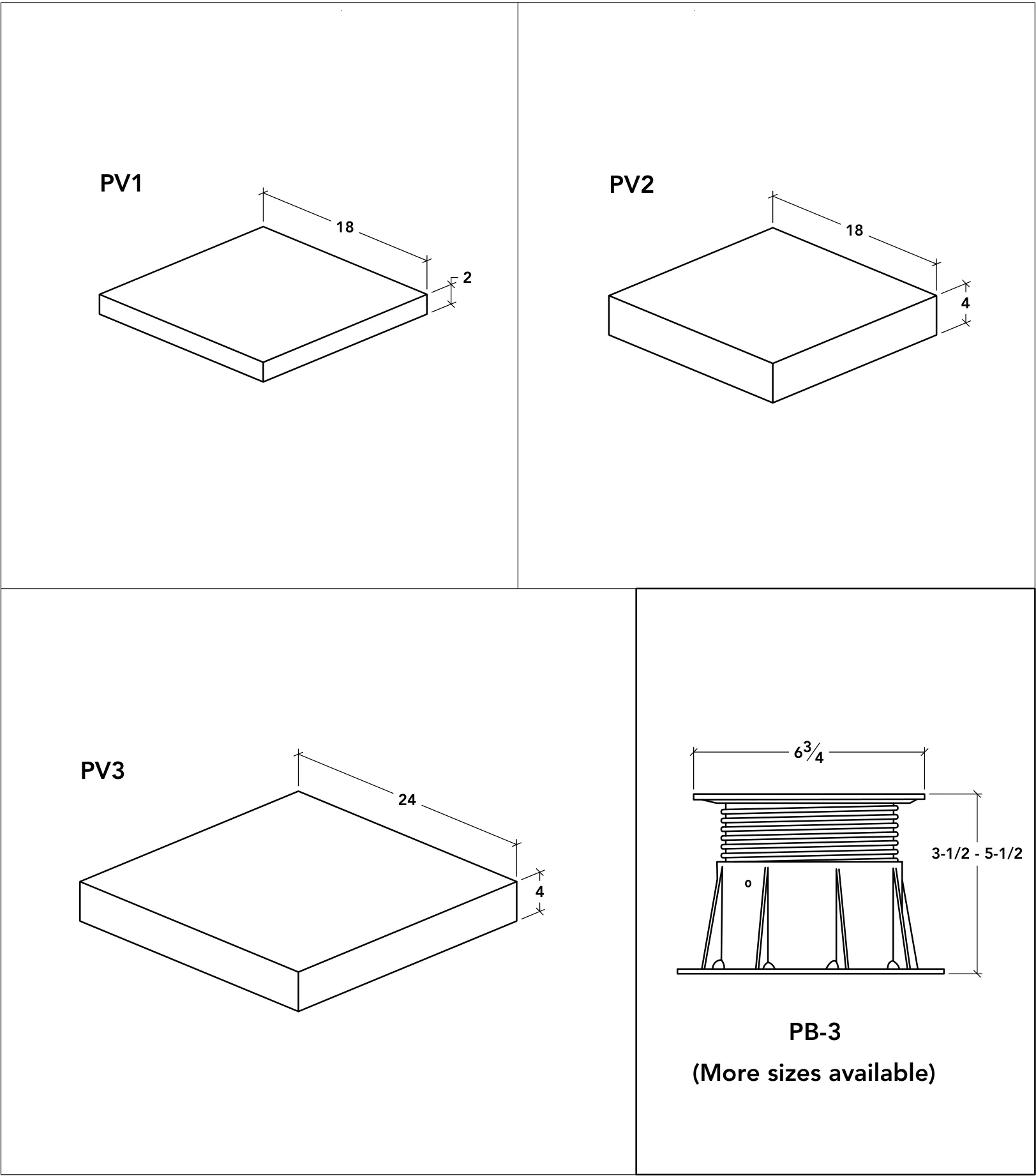 Catalogue reference: PV1, PV2, and PV3 paver modules with the PB-3 pedestal; confirm the project assembly with Landmark Stone