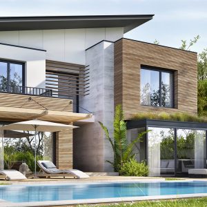 Beautiful exterior of a modern home with swimming pool and luxur