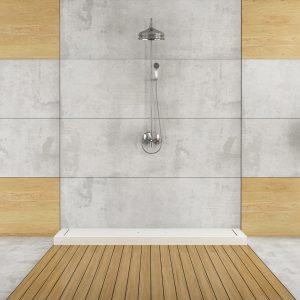 Minimalist bathroom with shower and radiator - rendering